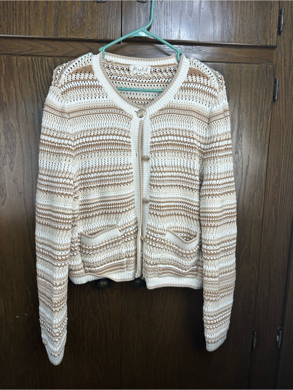 Marled Cream and Tan Striped Crochet Cardigan